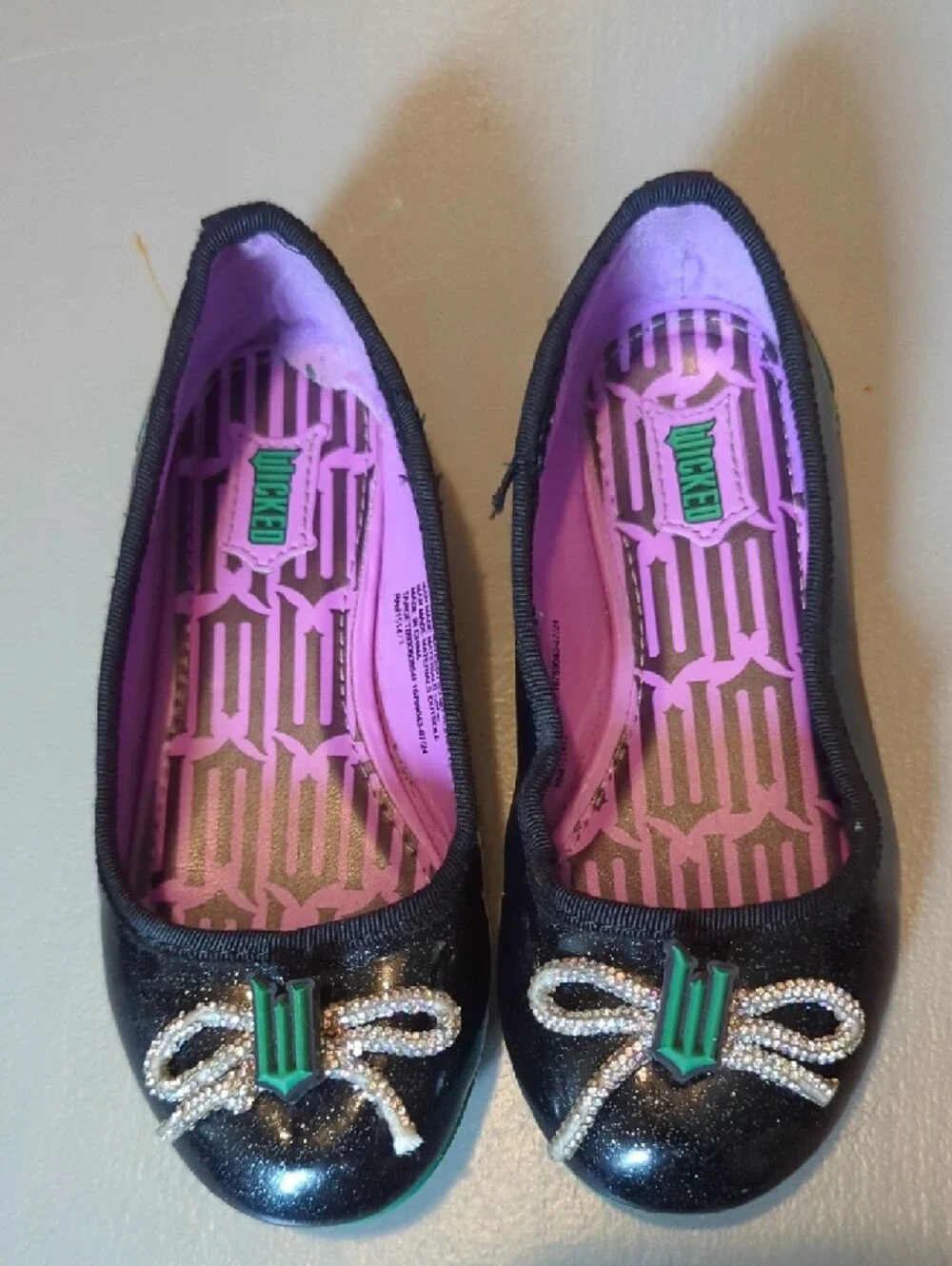 Wicked Ballet Flats Black Glitter Bows size 10